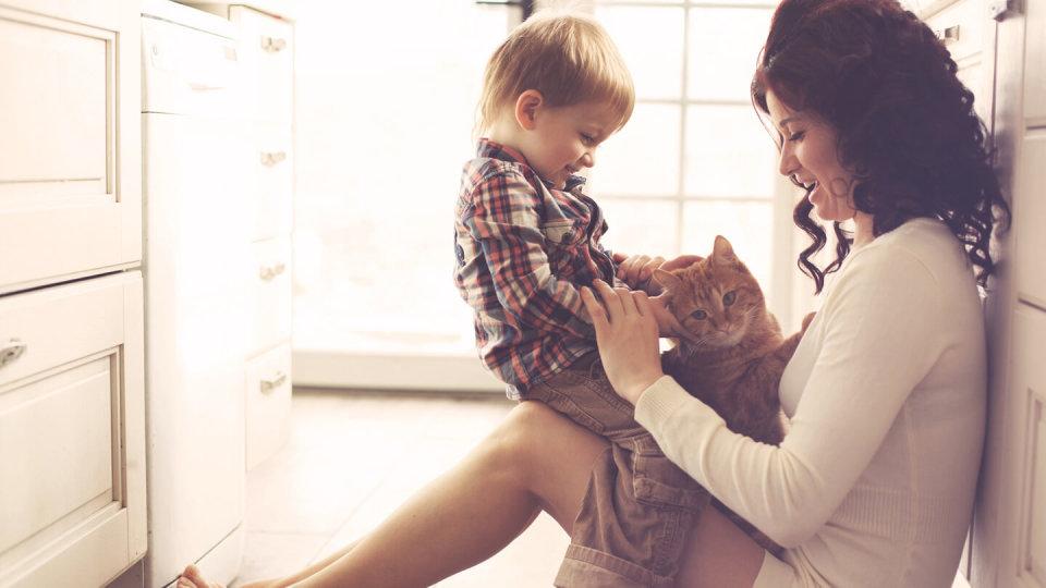 Mother and child playing with cat indoors